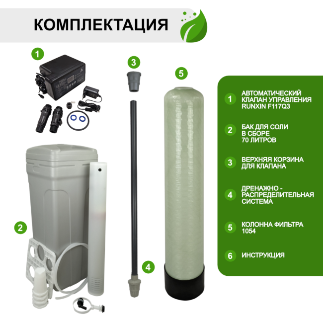 Полная комплектация фильтра Runxin 1054/F117Q3 - корпус, клапан, дренаж, колба