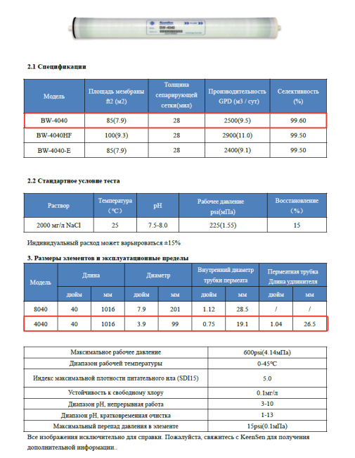 Спецификация мембраны KeenSen BW 4040 Спецификация мембраны KeenSen BW 4040