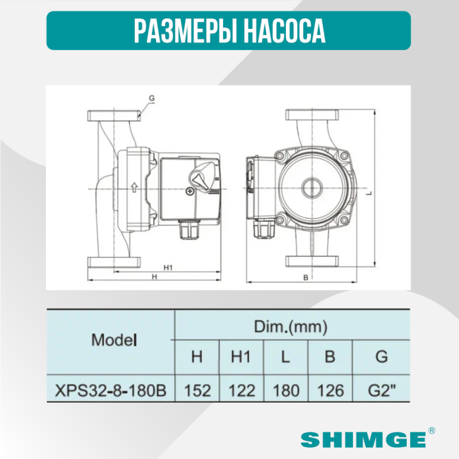 Размеры насоса SHIMGE XPS 32-8-180B
