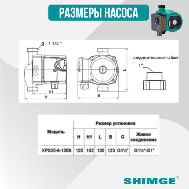 Размеры насоса SHIMGE XPS 25-6-130B